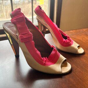 LANVIN Eté 2009 Beige and Pink Canvas Slingback Peep Toe Sandals Size 37.5